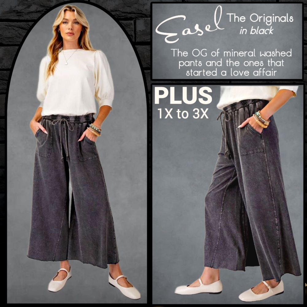 EASEL "The Originals" Mineral Washed Wide Leg Drawstring Pants Pockets Raw Hems
